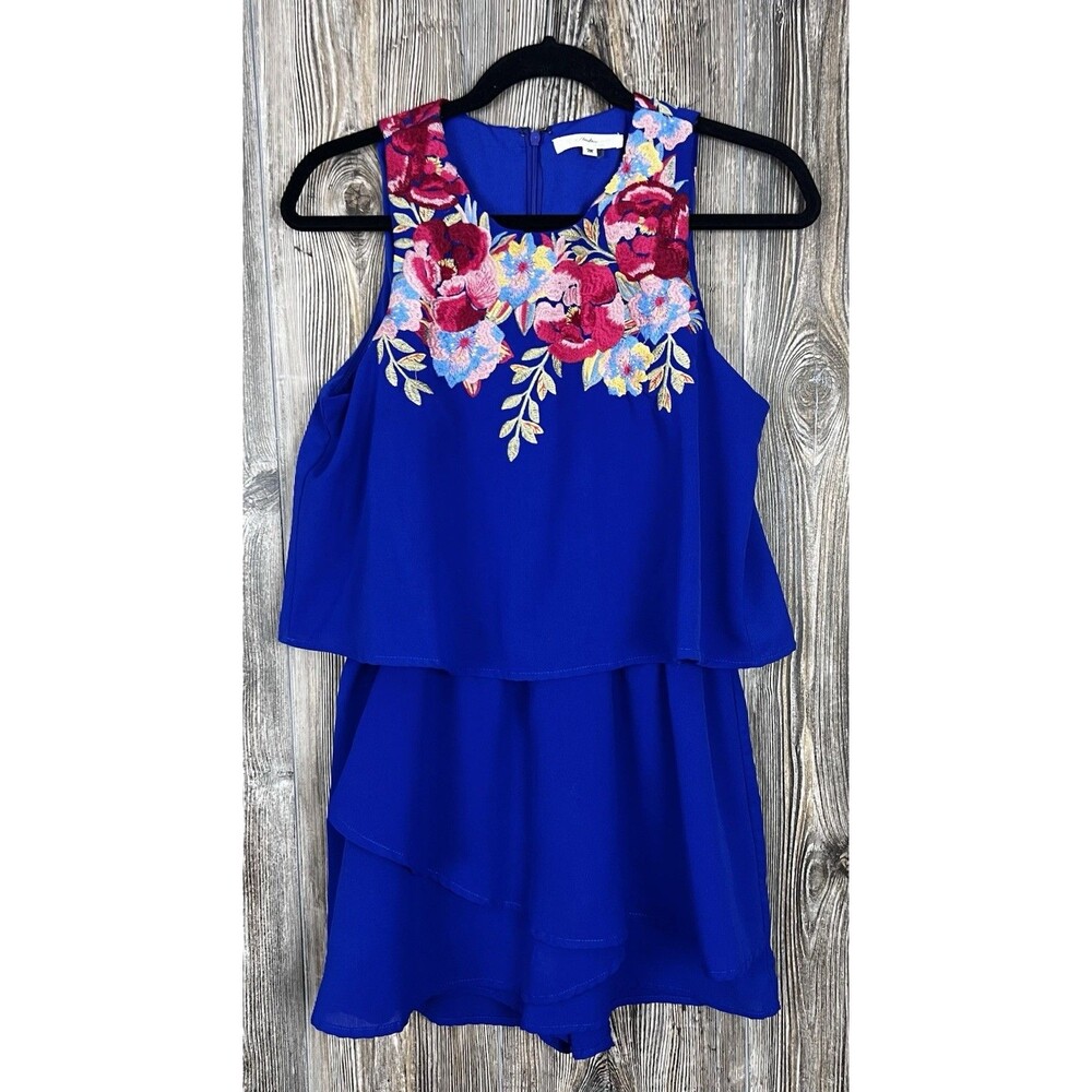 Andree by Unit Blue Romper Jumper Sleeveless Floral Embroidered‎ M Chic Coquette